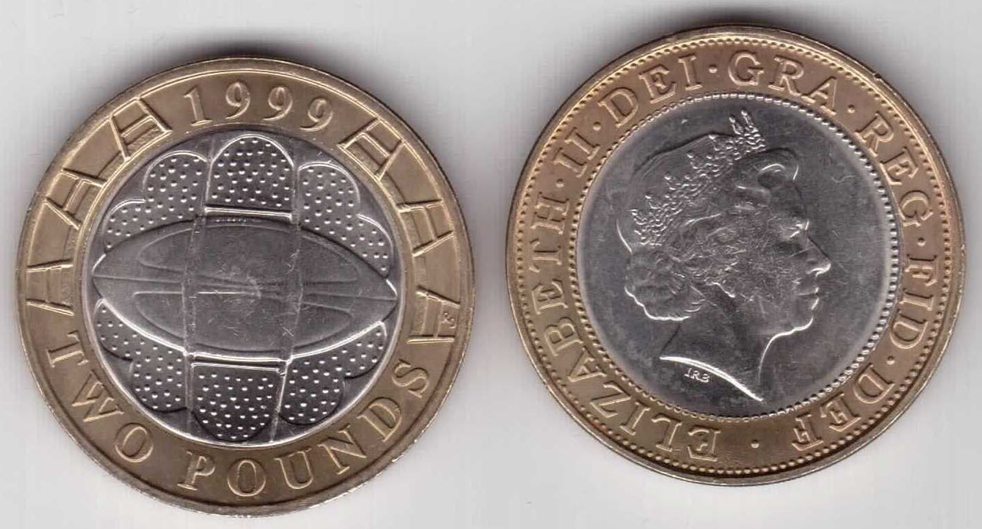 2 Pounds - Elizabeth II 4th portrait; Rugby World Cup